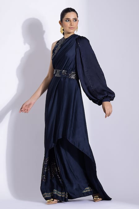 Studio Surbhi Blue Georgette, Satin Pre-stitched Sleeve Saree With Embellished Blouse Online at Aza Fashions Studio Surbhi_Blue Georgette, Satin Pre-stitched Sleeve Saree With Embellished Blouse _Online_at_Aza_Fashions