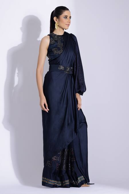 Buy Studio Surbhi Blue Georgette, Satin Pre-stitched Sleeve Saree With Embellished Blouse Online at Aza Fashions Buy_Studio Surbhi_Blue Georgette, Satin Pre-stitched Sleeve Saree With Embellished Blouse _Online_at_Aza_Fashions