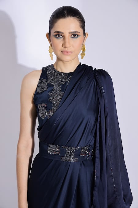 Shop Studio Surbhi Blue Georgette, Satin Pre-stitched Sleeve Saree With Embellished Blouse Online at Aza Fashions Shop_Studio Surbhi_Blue Georgette, Satin Pre-stitched Sleeve Saree With Embellished Blouse _Online_at_Aza_Fashions