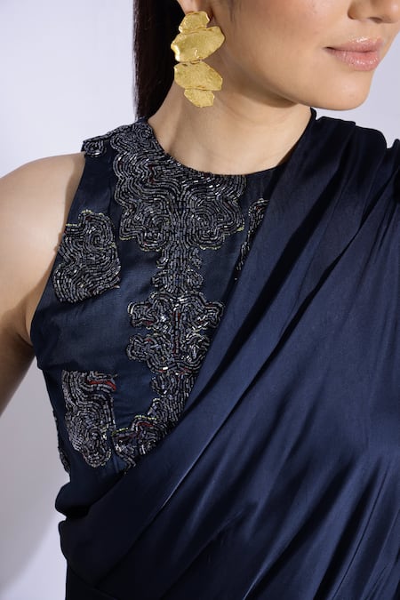 Studio Surbhi Blue Georgette, Satin Pre-stitched Sleeve Saree With Embellished Blouse at Aza Fashions Studio Surbhi_Blue Georgette, Satin Pre-stitched Sleeve Saree With Embellished Blouse _at_Aza_Fashions