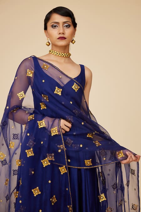 Priyal Prakash_Blue Chanderi, Cotton, Viscose Embroidery, Sequins Gathered Anarkali Set _Online_at_Aza_Fashions