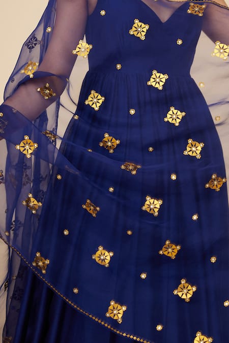 Buy_Priyal Prakash_Blue Chanderi, Cotton, Viscose Embroidery, Sequins Gathered Anarkali Set _Online_at_Aza_Fashions