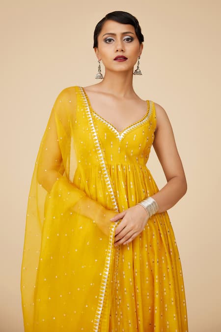 Priyal Prakash_Yellow Chanderi, Cotton, Viscose Sequins, Zari Embroidered Anarkali Set _Online_at_Aza_Fashions