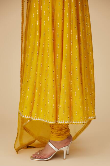 Shop_Priyal Prakash_Yellow Chanderi, Cotton, Viscose Sequins, Zari Embroidered Anarkali Set _Online_at_Aza_Fashions