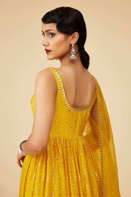Priyal Prakash_Yellow Chanderi, Cotton, Viscose Sequins, Zari Embroidered Anarkali Set _at_Aza_Fashions