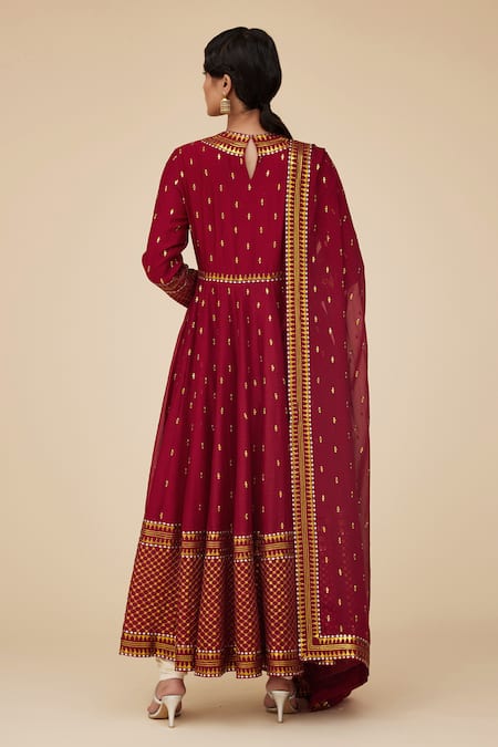 Shop Priyal Prakash Maroon Chanderi, Cotton, Viscose Sequins Bloom Jaal Embroidered Anarkali Set at Aza Fashions Shop_Priyal Prakash_Maroon Chanderi, Cotton, Viscose Sequins Bloom Jaal Embroidered Anarkali Set _at_Aza_Fashions