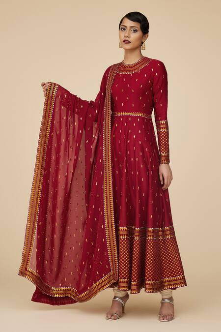 Priyal Prakash Maroon Chanderi, Cotton, Viscose Sequins Bloom Jaal Embroidered Anarkali Set Online at Aza Fashions Priyal Prakash_Maroon Chanderi, Cotton, Viscose Sequins Bloom Jaal Embroidered Anarkali Set _Online_at_Aza_Fashions