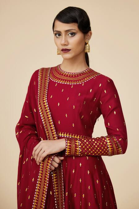 Buy Priyal Prakash Maroon Chanderi, Cotton, Viscose Sequins Bloom Jaal Embroidered Anarkali Set Online at Aza Fashions Buy_Priyal Prakash_Maroon Chanderi, Cotton, Viscose Sequins Bloom Jaal Embroidered Anarkali Set _Online_at_Aza_Fashions