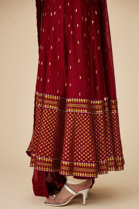 Shop Priyal Prakash Maroon Chanderi, Cotton, Viscose Sequins Bloom Jaal Embroidered Anarkali Set Online at Aza Fashions Shop_Priyal Prakash_Maroon Chanderi, Cotton, Viscose Sequins Bloom Jaal Embroidered Anarkali Set _Online_at_Aza_Fashions