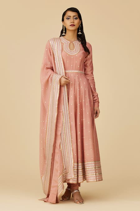 Priyal Prakash Pink Chanderi, Cotton, Viscose Sequins, Embroidery, Zari Keyhole Anarkali Set 