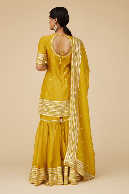 Shop Priyal Prakash Yellow Chanderi, Viscose Sequins Keyhole Tikki Embroidered Kurta Gharara Set at Aza Fashions Shop_Priyal Prakash_Yellow Chanderi, Viscose Sequins Keyhole Tikki Embroidered Kurta Gharara Set _at_Aza_Fashions