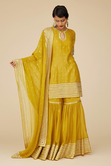 Priyal Prakash Yellow Chanderi, Viscose Sequins Keyhole Tikki Embroidered Kurta Gharara Set Online at Aza Fashions Priyal Prakash_Yellow Chanderi, Viscose Sequins Keyhole Tikki Embroidered Kurta Gharara Set _Online_at_Aza_Fashions