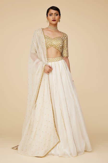 Priyal Prakash Ivory Polyester, , Silk Flora Tikki Blouse Lehenga Set