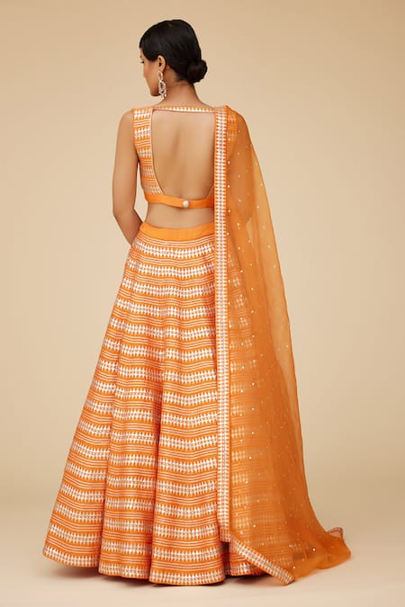 Shop Priyal Prakash Orange , Organza Sequins V-neck Chevron Embroidered Lehenga Set at Aza Fashions Shop_Priyal Prakash_Orange , Organza Sequins V-neck Chevron Embroidered Lehenga Set _at_Aza_Fashions