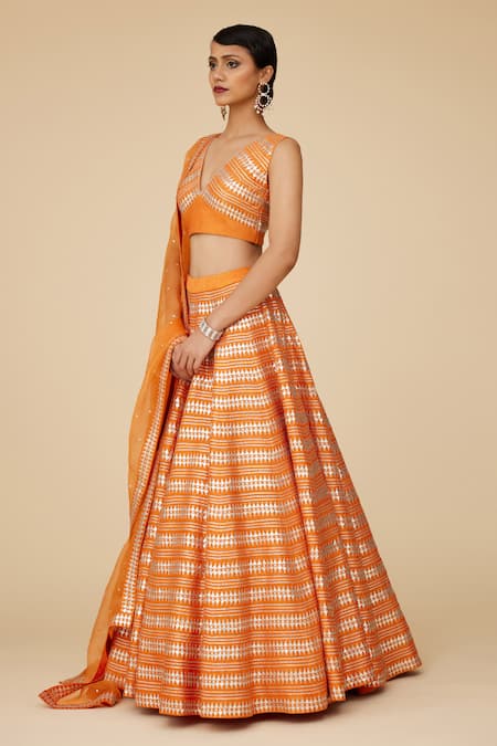 Priyal Prakash Orange , Organza Sequins V-neck Chevron Embroidered Lehenga Set Online at Aza Fashions Priyal Prakash_Orange , Organza Sequins V-neck Chevron Embroidered Lehenga Set _Online_at_Aza_Fashions