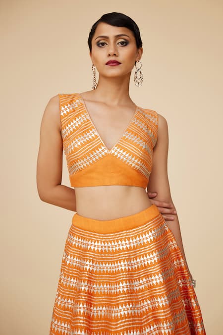 Buy Priyal Prakash Orange , Organza Sequins V-neck Chevron Embroidered Lehenga Set Online at Aza Fashions Buy_Priyal Prakash_Orange , Organza Sequins V-neck Chevron Embroidered Lehenga Set _Online_at_Aza_Fashions