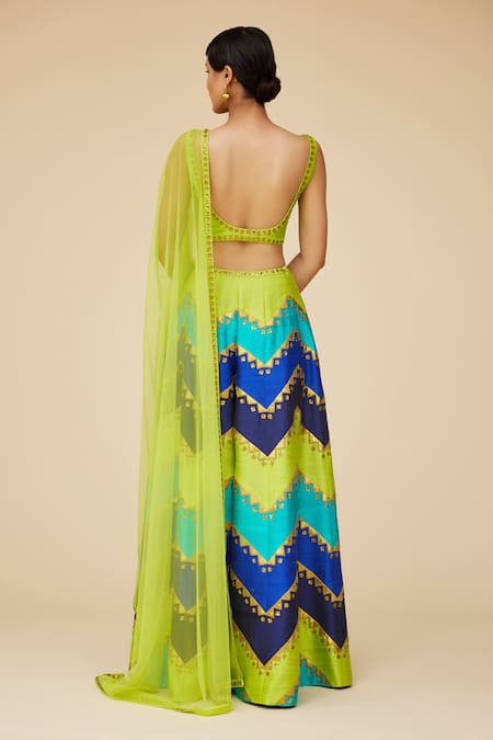 Shop Priyal Prakash Green Silk, Net Sequins V-neck Chevron Palazzo Blouse Set at Aza Fashions Shop_Priyal Prakash_Green Silk, Net Sequins V-neck Chevron Palazzo Blouse Set _at_Aza_Fashions