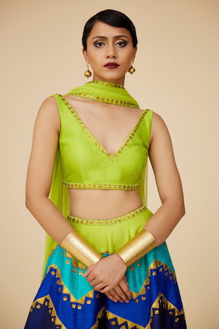 Priyal Prakash Green Silk, Net Sequins V-neck Chevron Palazzo Blouse Set Online at Aza Fashions Priyal Prakash_Green Silk, Net Sequins V-neck Chevron Palazzo Blouse Set _Online_at_Aza_Fashions