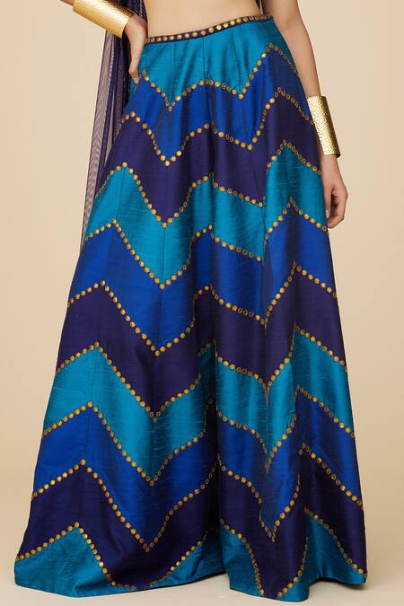 Priyal Prakash_Blue Silk, Net Sequins Sweetheart Neck Chevron Embroidered Palazzo Blouse Set _Online_at_Aza_Fashions