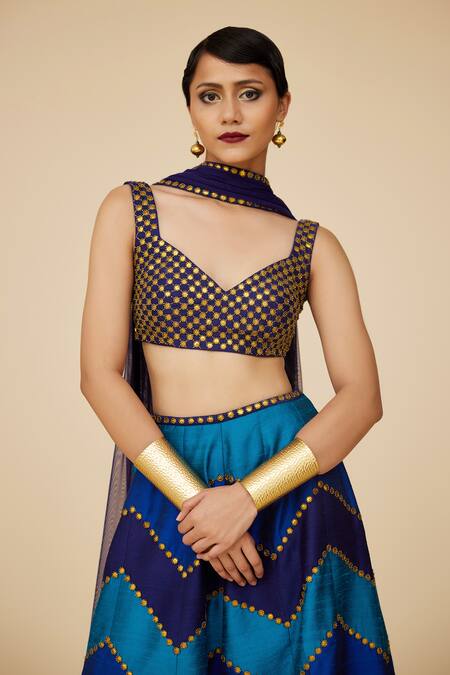 Buy_Priyal Prakash_Blue Silk, Net Sequins Sweetheart Neck Chevron Embroidered Palazzo Blouse Set _Online_at_Aza_Fashions