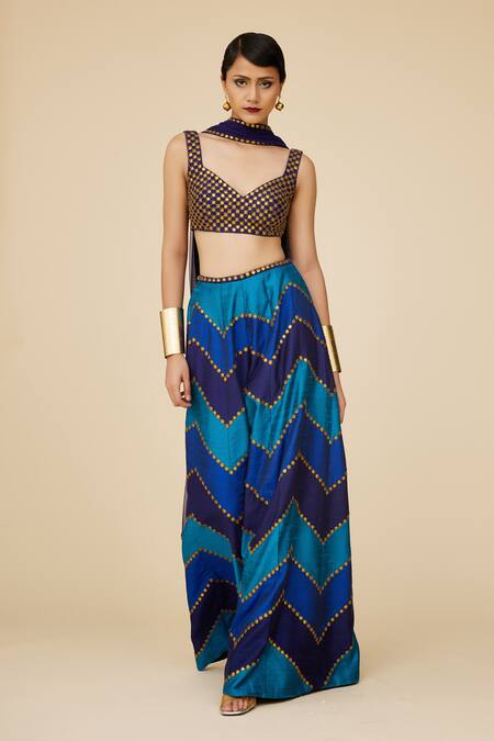 Shop_Priyal Prakash_Blue Silk, Net Sequins Sweetheart Neck Chevron Embroidered Palazzo Blouse Set _Online_at_Aza_Fashions