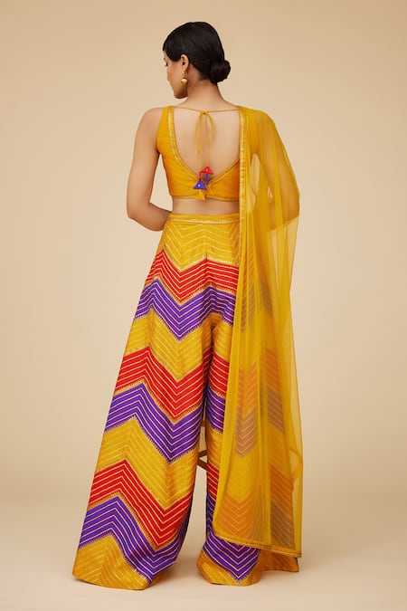 Shop Priyal Prakash Yellow Silk, Net Sequins Boat Neck Herringbone Embroidered Palazzo Blouse Set at Aza Fashions Shop_Priyal Prakash_Yellow Silk, Net Sequins Boat Neck Herringbone Embroidered Palazzo Blouse Set _at_Aza_Fashions