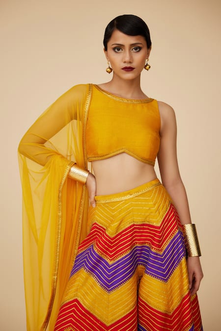 Priyal Prakash Yellow Silk, Net Sequins Boat Neck Herringbone Embroidered Palazzo Blouse Set Online at Aza Fashions Priyal Prakash_Yellow Silk, Net Sequins Boat Neck Herringbone Embroidered Palazzo Blouse Set _Online_at_Aza_Fashions