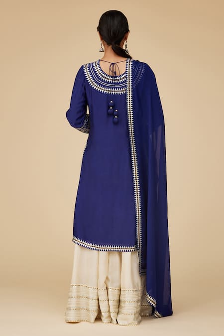 Shop Priyal Prakash Blue Chanderi, Viscose Sequins Round Neck Aari Work Kurta Sharara Set at Aza Fashions Shop_Priyal Prakash_Blue Chanderi, Viscose Sequins Round Neck Aari Work Kurta Sharara Set _at_Aza_Fashions