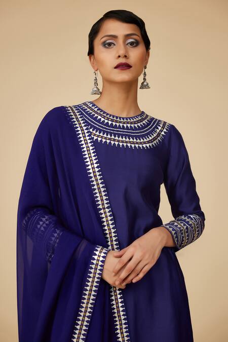 Priyal Prakash Blue Chanderi, Viscose Sequins Round Neck Aari Work Kurta Sharara Set Online at Aza Fashions Priyal Prakash_Blue Chanderi, Viscose Sequins Round Neck Aari Work Kurta Sharara Set _Online_at_Aza_Fashions