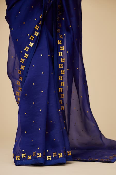 Priyal Prakash_Blue Silk Organza, Chanderi, Polyester Sequins, Zari Bloom Work Saree Blouse Set _Online_at_Aza_Fashions