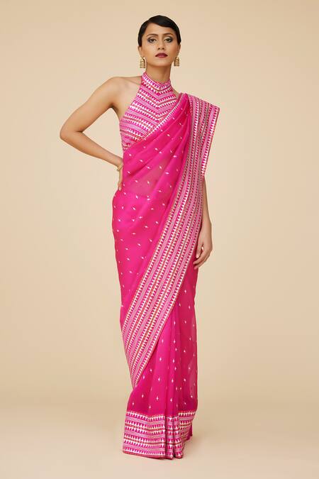 Priyal Prakash Pink Silk Organza, Polyester Sequins, Zari Halter Neck Work Saree Blouse Set Online at Aza Fashions Priyal Prakash_Pink Silk Organza, Polyester Sequins, Zari Halter Neck Work Saree Blouse Set _Online_at_Aza_Fashions