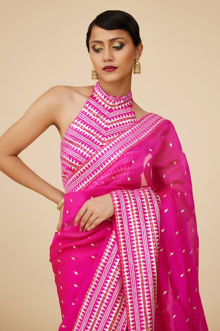 Shop Priyal Prakash Pink Silk Organza, Polyester Sequins, Zari Halter Neck Work Saree Blouse Set Online at Aza Fashions Shop_Priyal Prakash_Pink Silk Organza, Polyester Sequins, Zari Halter Neck Work Saree Blouse Set _Online_at_Aza_Fashions