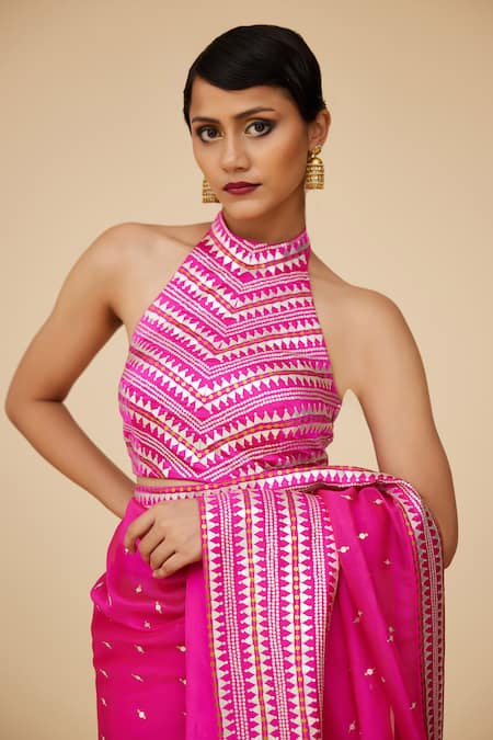 Priyal Prakash Pink Silk Organza, Polyester Sequins, Zari Halter Neck Work Saree Blouse Set at Aza Fashions Priyal Prakash_Pink Silk Organza, Polyester Sequins, Zari Halter Neck Work Saree Blouse Set _at_Aza_Fashions