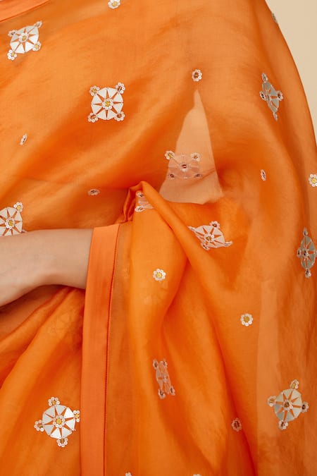 Priyal Prakash_Orange Silk Organza, Chanderi, Polyester Embroidered Saree And Blouse Set _Online_at_Aza_Fashions