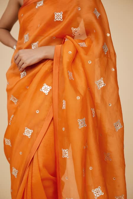 Buy_Priyal Prakash_Orange Silk Organza, Chanderi, Polyester Embroidered Saree And Blouse Set _Online_at_Aza_Fashions