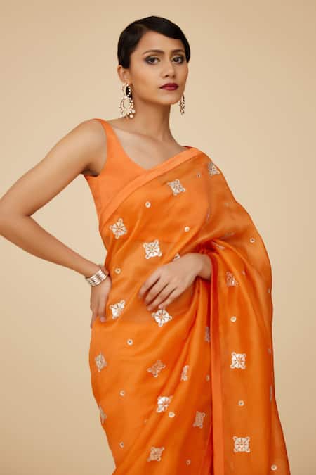 Shop_Priyal Prakash_Orange Silk Organza, Chanderi, Polyester Embroidered Saree And Blouse Set _Online_at_Aza_Fashions
