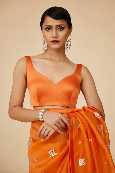 Priyal Prakash_Orange Silk Organza, Chanderi, Polyester Embroidered Saree And Blouse Set _at_Aza_Fashions