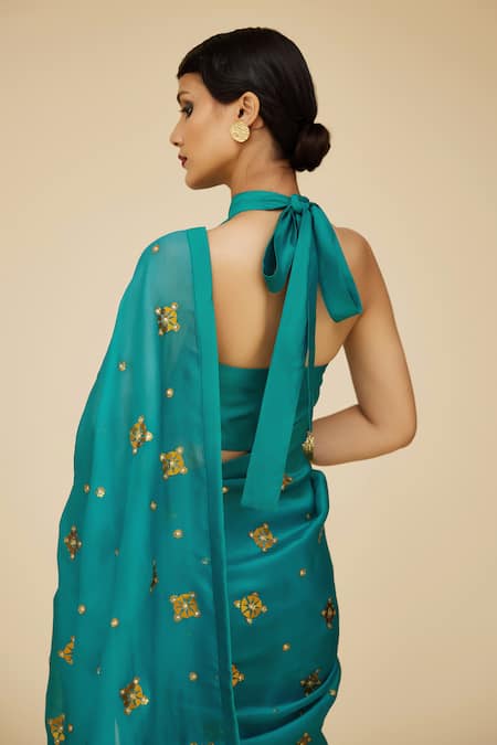 Shop Priyal Prakash Blue Chanderi, Silk Organza, Polyester Sequins, Floral Work Saree Blouse Set at Aza Fashions Shop_Priyal Prakash_Blue Chanderi, Silk Organza, Polyester Sequins, Floral Work Saree Blouse Set _at_Aza_Fashions