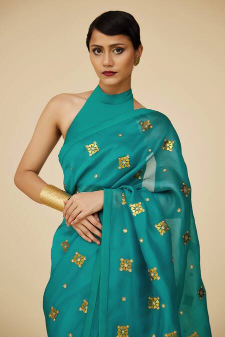 Priyal Prakash Blue Chanderi, Silk Organza, Polyester Sequins, Floral Work Saree Blouse Set Online at Aza Fashions Priyal Prakash_Blue Chanderi, Silk Organza, Polyester Sequins, Floral Work Saree Blouse Set _Online_at_Aza_Fashions