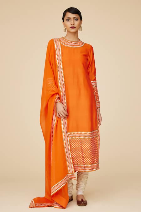 Priyal Prakash Orange Chanderi, Cotton, Viscose Sequins, Zari Flora Jaal Embroidered Kurta Set
