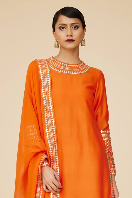 Priyal Prakash Orange Chanderi, Cotton, Viscose Sequins, Zari Flora Jaal Embroidered Kurta Set Online at Aza Fashions Priyal Prakash_Orange Chanderi, Cotton, Viscose Sequins, Zari Flora Jaal Embroidered Kurta Set _Online_at_Aza_Fashions