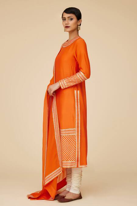 Buy Priyal Prakash Orange Chanderi, Cotton, Viscose Sequins, Zari Flora Jaal Embroidered Kurta Set Online at Aza Fashions Buy_Priyal Prakash_Orange Chanderi, Cotton, Viscose Sequins, Zari Flora Jaal Embroidered Kurta Set _Online_at_Aza_Fashions