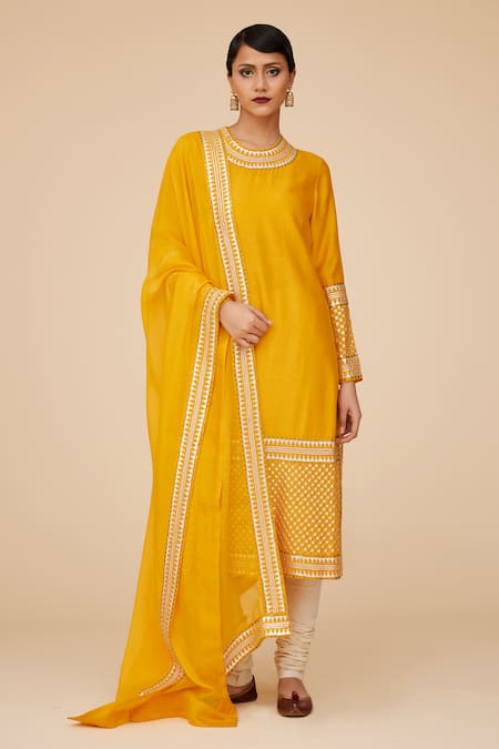 Priyal Prakash Yellow Chanderi, Cotton, Viscose Sequins, Zari Flora Jaal Embroidered Kurta Set