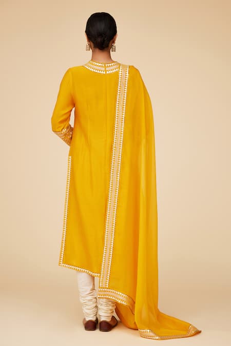 Shop Priyal Prakash Yellow Chanderi, Cotton, Viscose Sequins, Zari Flora Jaal Embroidered Kurta Set at Aza Fashions Shop_Priyal Prakash_Yellow Chanderi, Cotton, Viscose Sequins, Zari Flora Jaal Embroidered Kurta Set _at_Aza_Fashions