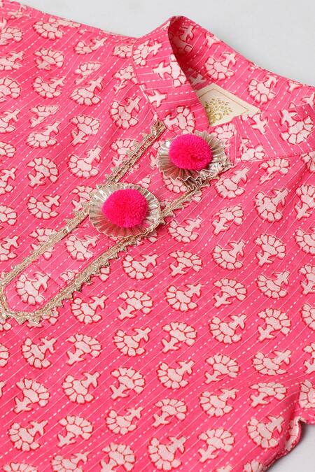 Shop_Byb Premium_Pink Cotton Pom-poms Floral Elephant Printed Kurta Set_Online_at_Aza_Fashions