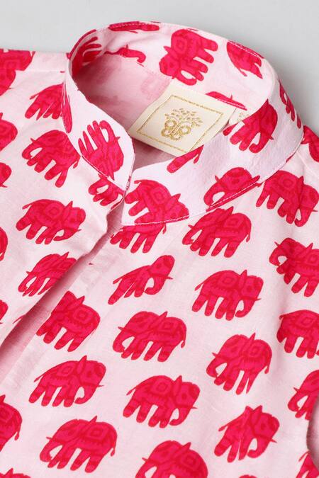 Byb Premium_Pink Cotton Pom-poms Floral Elephant Printed Kurta Set_at_Aza_Fashions
