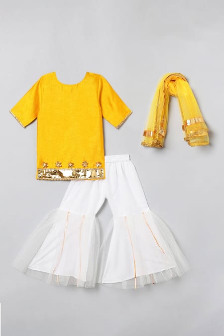 Byb Premium Yellow Silk, Chiffon Gota Patti Border Embroidered Kurta Sharara Set