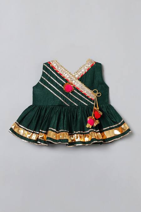 Byb Premium_Green Denim Pom-poms Bandhani Print Lehenga Set _Online_at_Aza_Fashions