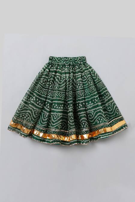 Buy_Byb Premium_Green Denim Pom-poms Bandhani Print Lehenga Set _Online_at_Aza_Fashions