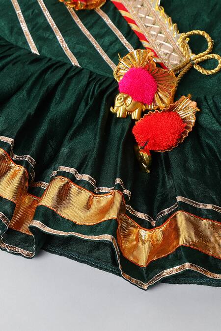 Byb Premium_Green Denim Pom-poms Bandhani Print Lehenga Set _at_Aza_Fashions